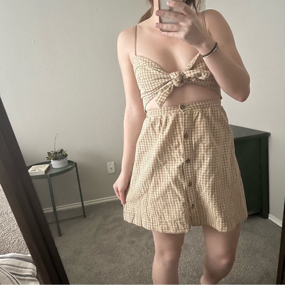 Reformation gingham cut out tie front button mini dress